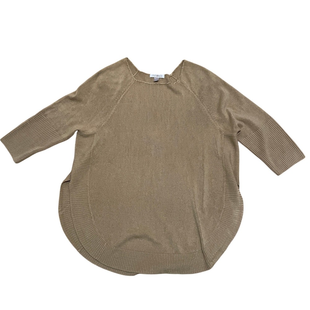 ROZ&ALI Tan Brown Knit Sweater 3/4 Sleeve Rounded Hem‎ Relaxed Women's Small